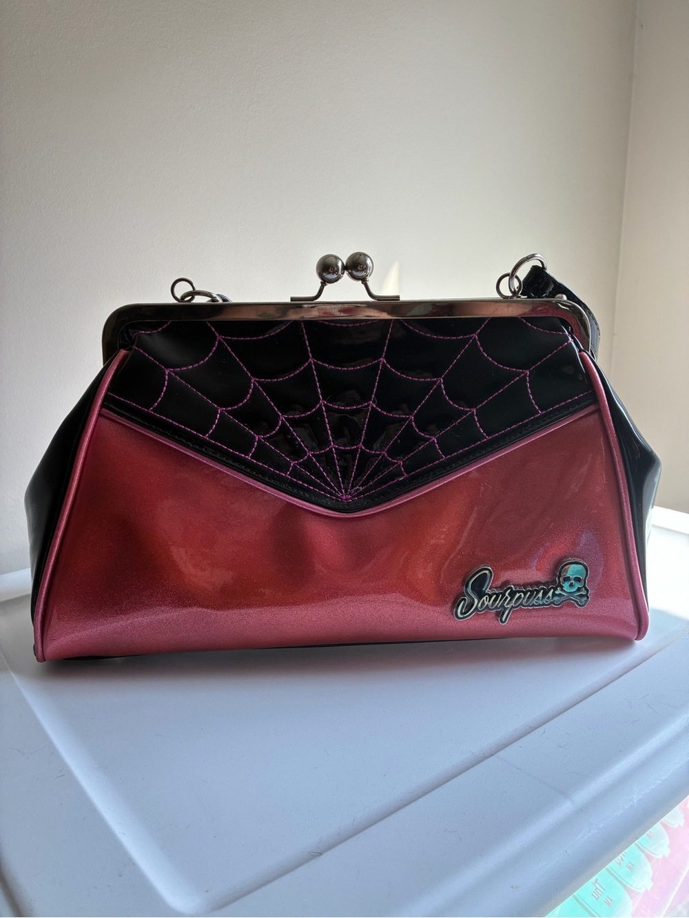 Sourpuss Pink Metallic Spiderweb Kiss Lock Goth Handbag